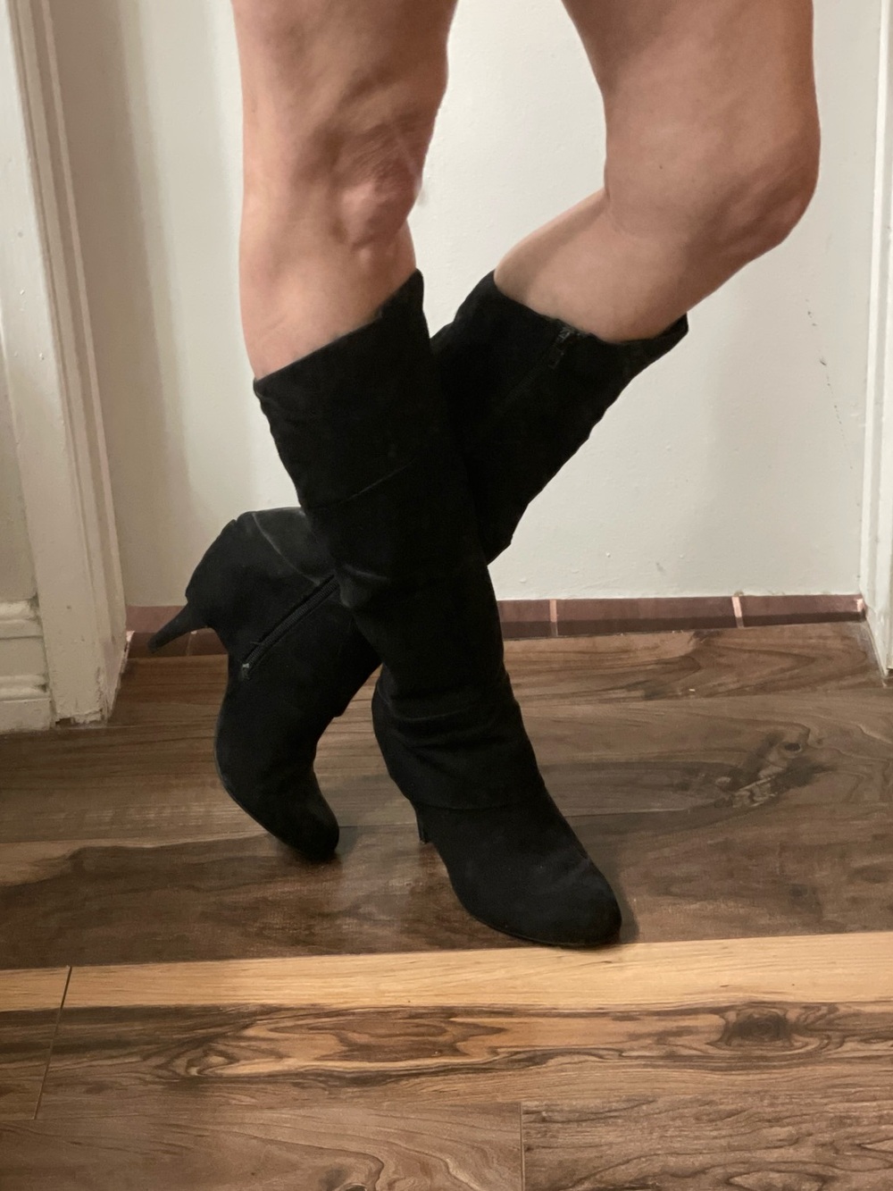 Fergalicious Black Suede Calf-High Heeled Boots